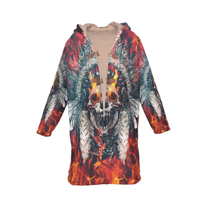 Native American Skull With Fire Eyes Horn Button Long Fleece Windbreaker NBD