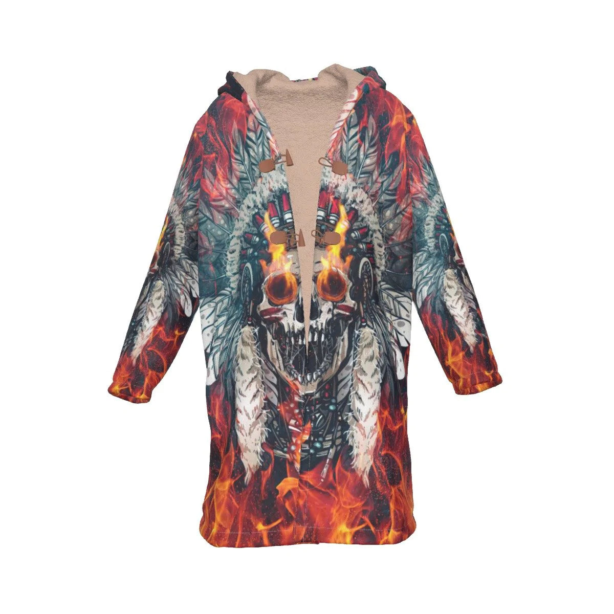 Native American Skull With Fire Eyes Horn Button Long Fleece Windbreaker NBD