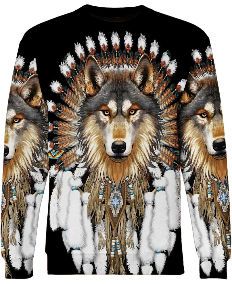 Wolf With Feather Headdress 3D Hoodie