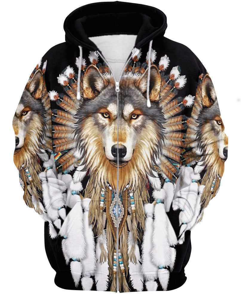 Wolf With Feather Headdress 3D Hoodie