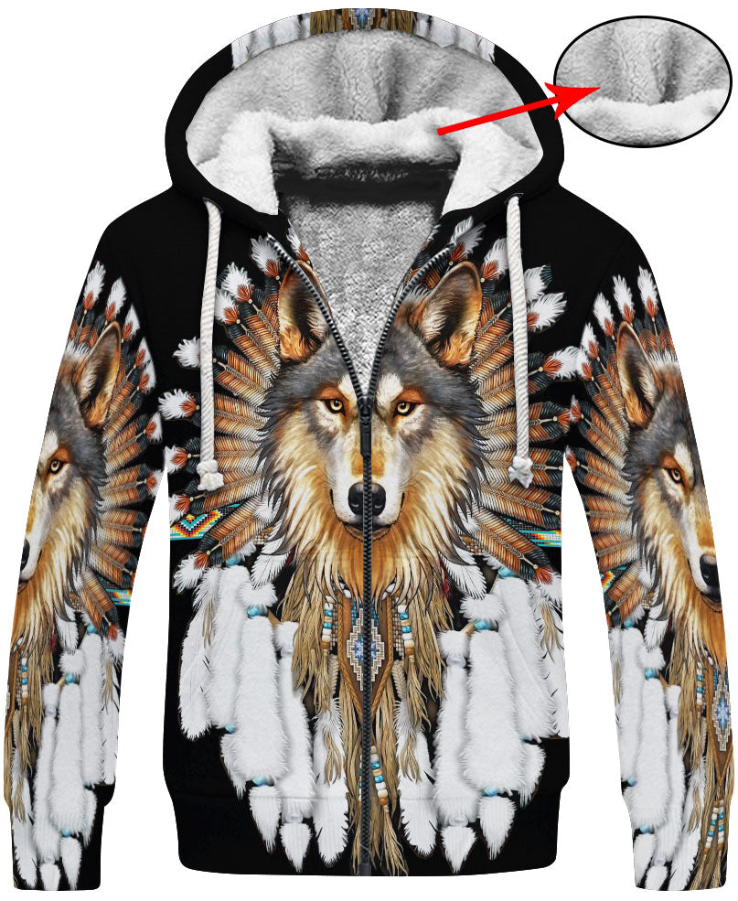 Wolf With Feather Headdress 3D Hoodie