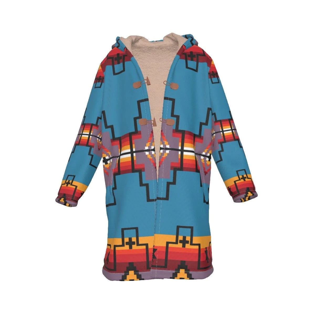 Native American Blue Pattern Horn Button Long Fleece Windbreaker NBD