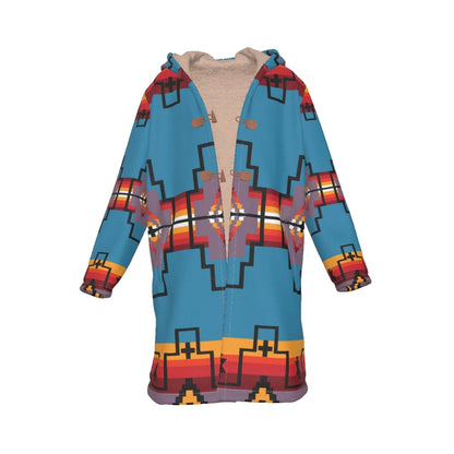 Native American Blue Pattern Horn Button Long Fleece Windbreaker NBD