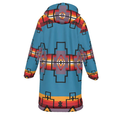 Native American Blue Pattern Horn Button Long Fleece Windbreaker NBD