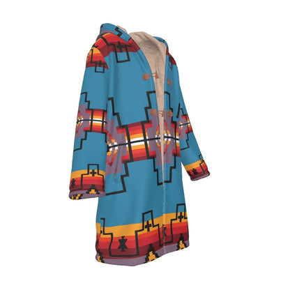 Native American Blue Pattern Horn Button Long Fleece Windbreaker NBD