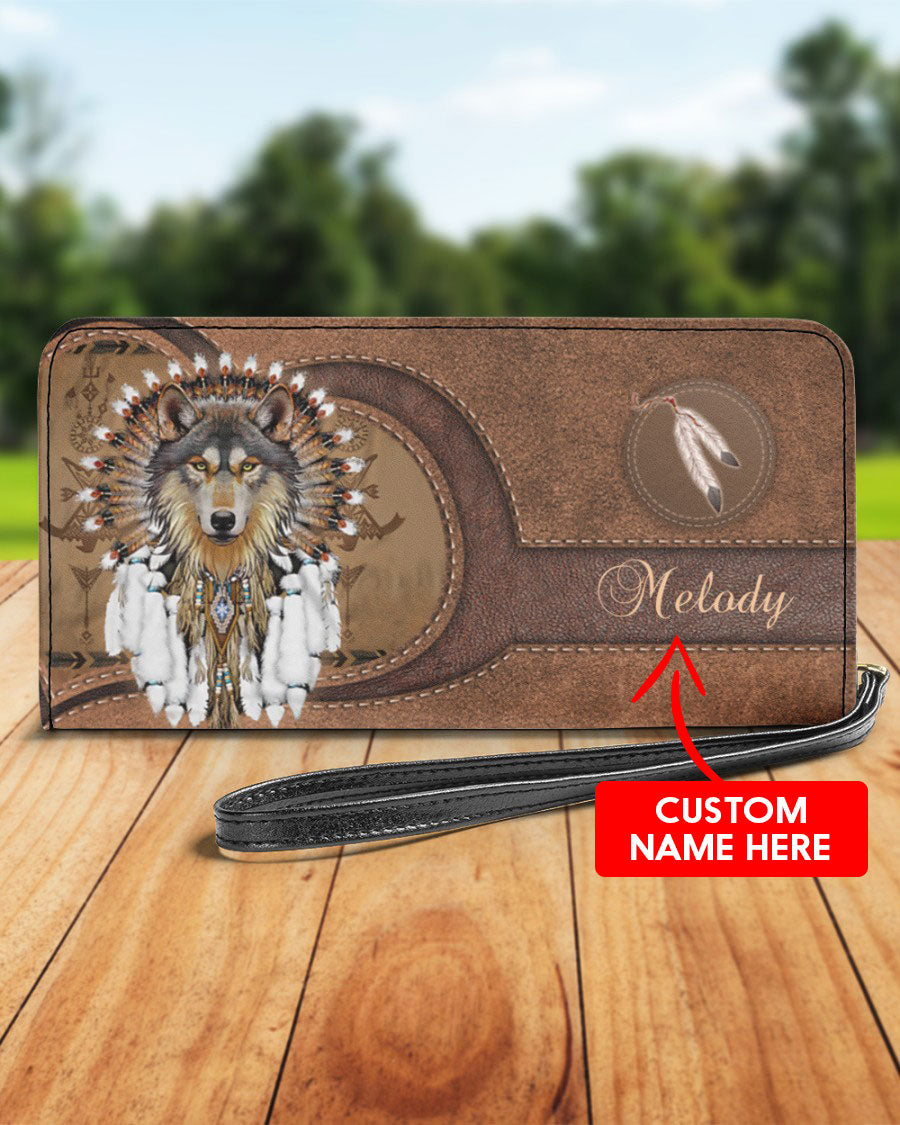 CUSTOM NAME HERE - Native American Wolf Womens Clutch Purse NBD