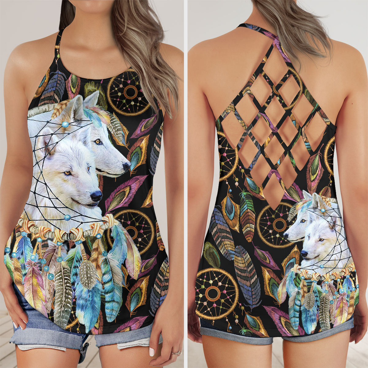 Couple Native White Wolf DreamCatcher AOP Criss - Cross Tank Top NBD