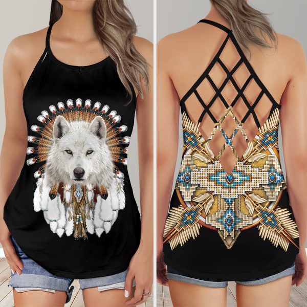 Native Wolf American Girl Yoga DreamCatcher AOP Criss-Cross Tank Top NBD