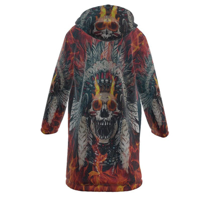 Native American Skull With Fire Eyes Horn Button Long Fleece Windbreaker NBD