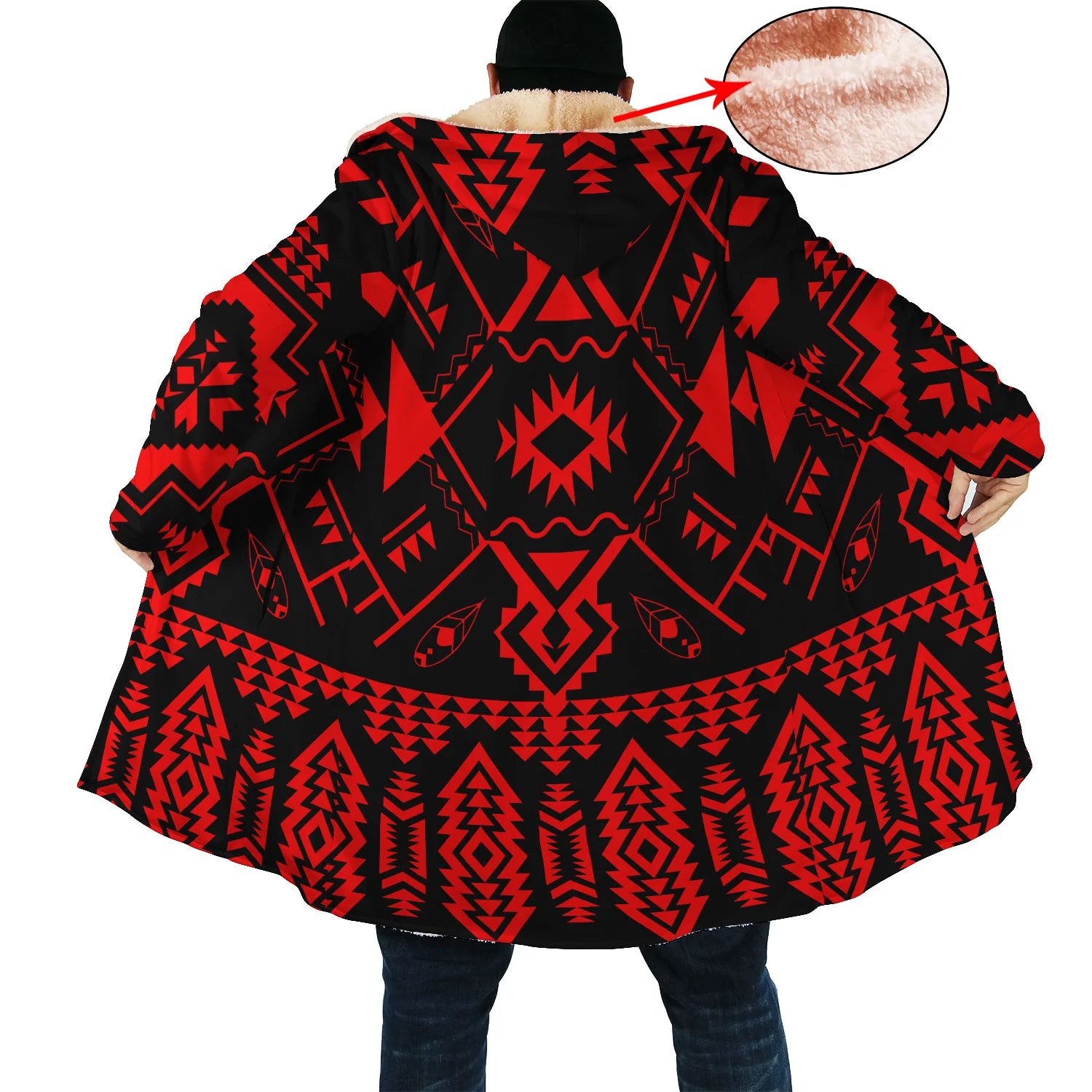 Native American Red Pattern Horn Button Long Fleece Windbreaker NBD