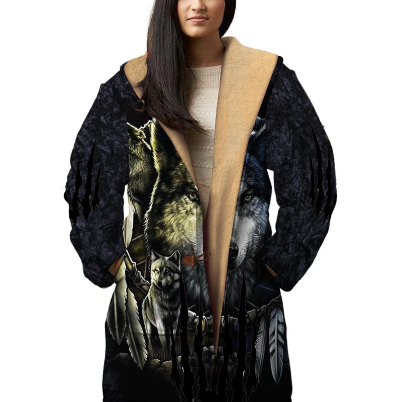 Native American Wolf Spirit Horn Button Long Fleece Windbreaker NBD