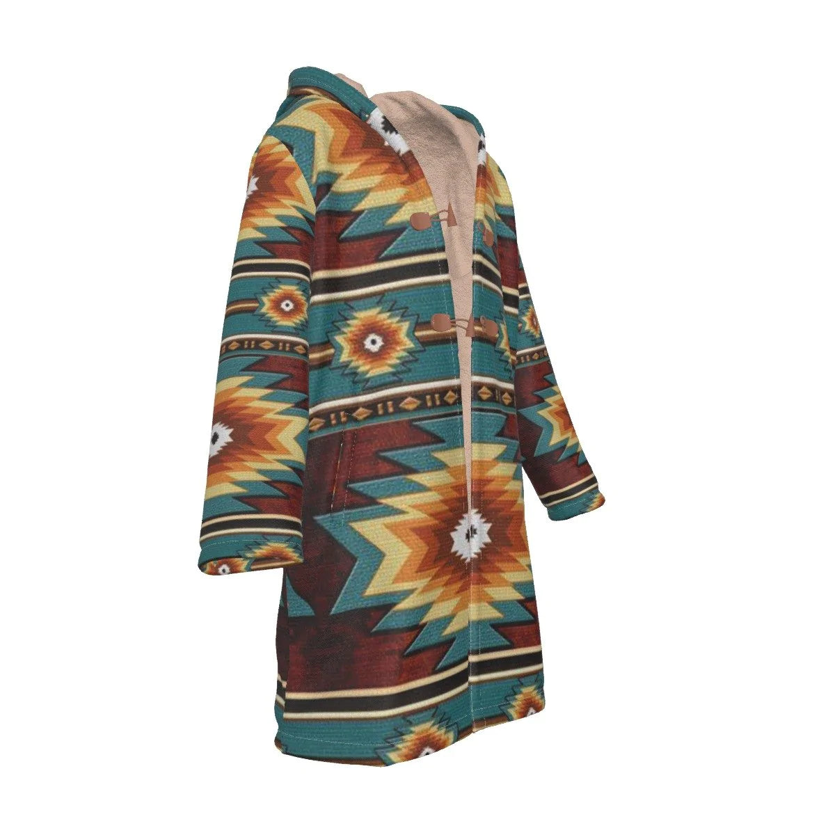 Native American Pattern Horn Button Long Fleece Windbreaker NBD