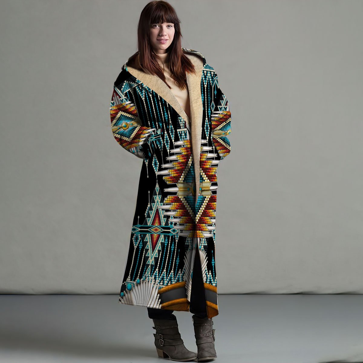 Native American Horn Button Long Fleece Windbreaker NBD