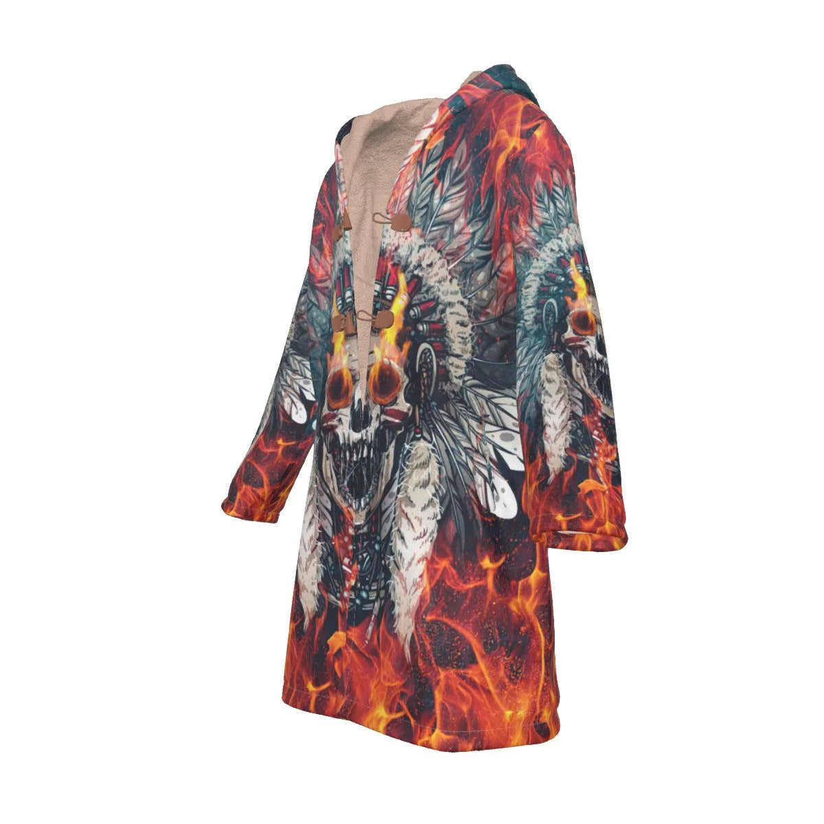 Native American Skull With Fire Eyes Horn Button Long Fleece Windbreaker NBD