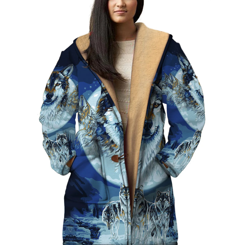 Native American Wolfs Snow Horn Button Long Fleece Windbreaker NBD