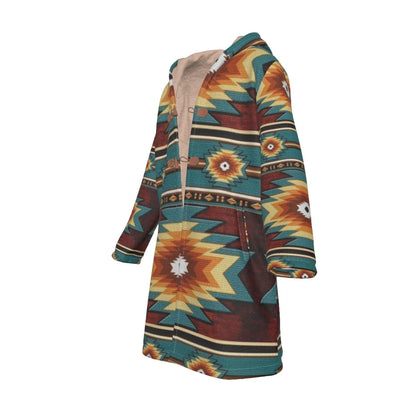 Native American Pattern Horn Button Long Fleece Windbreaker NBD