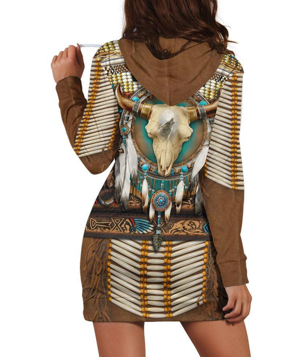Brown Native Buffalo Skull Hoodie Dress - Native Heritage Store