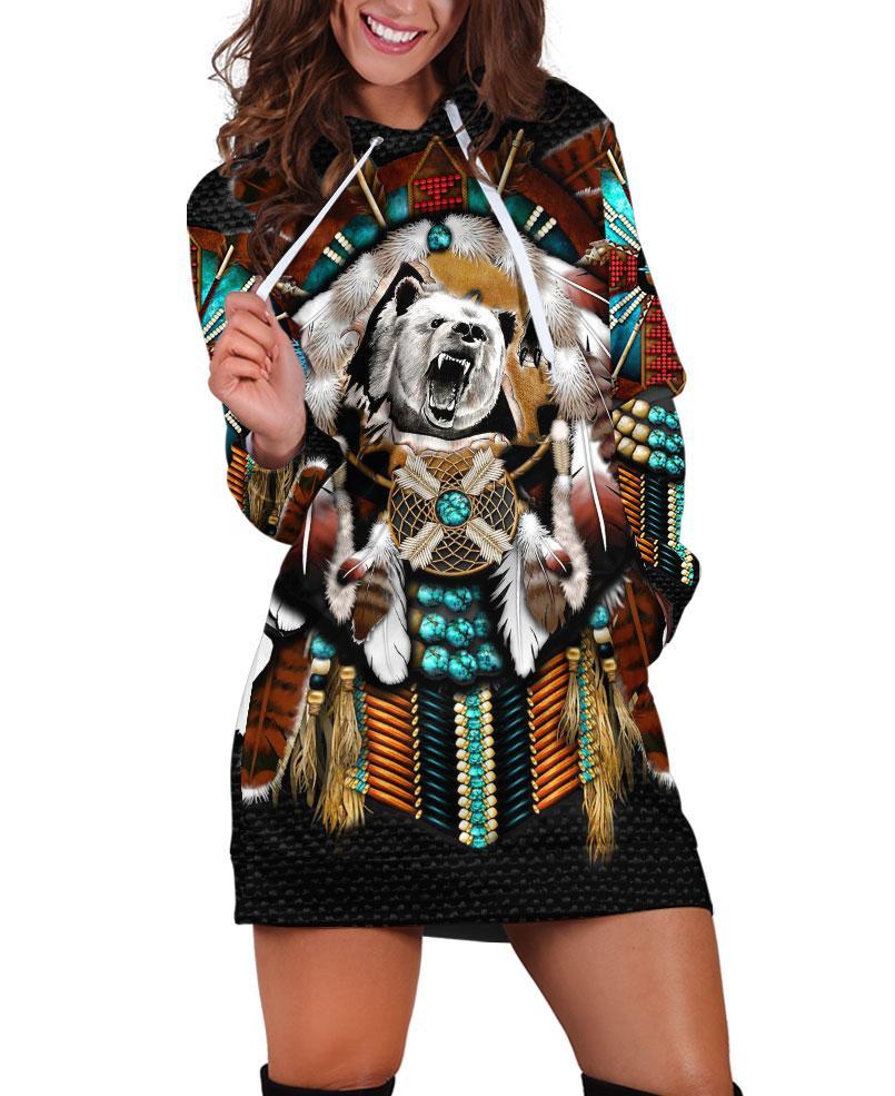 Native Bear Motifs Hoodie Dress