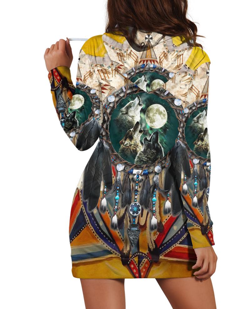 Native Three Wolves Hoodie Dress