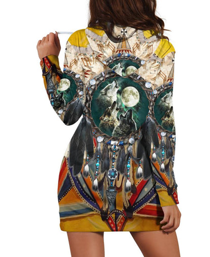 Native Three Wolves Hoodie Dress