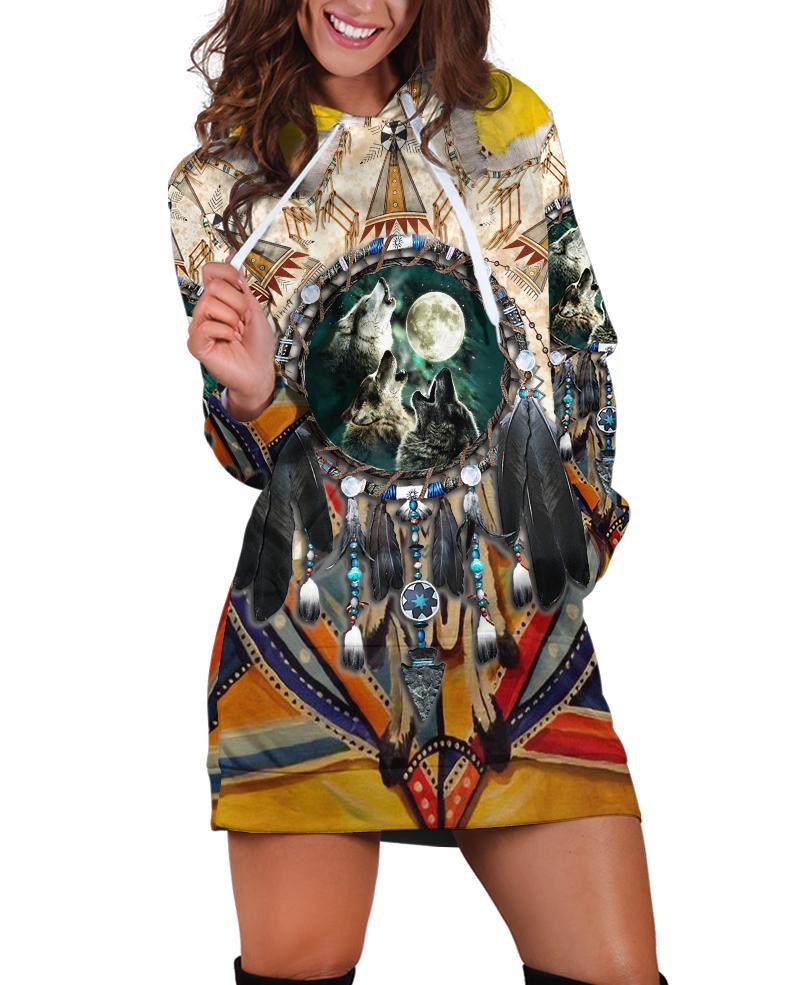 Native Three Wolves Hoodie Dress