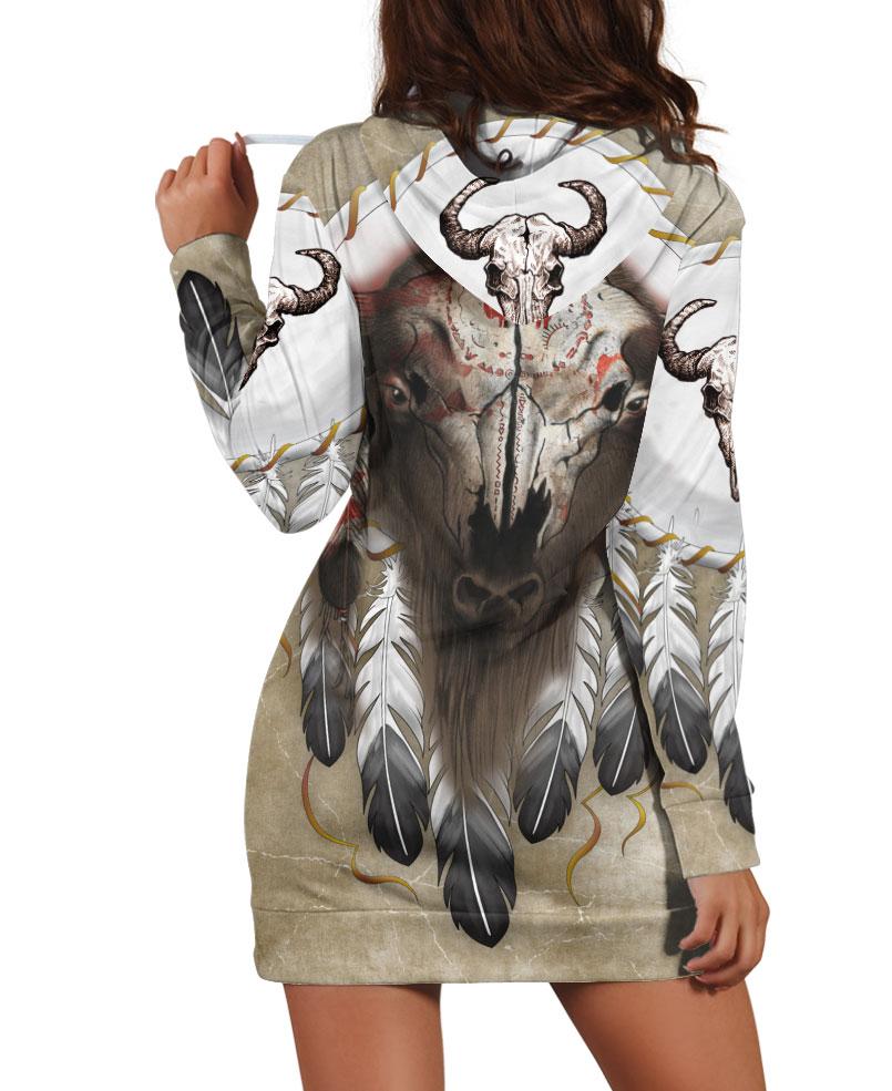 Feather & Buffalo Skull Hoodie Dress