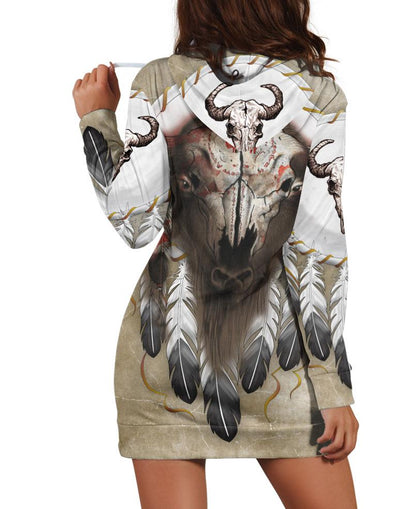Feather & Buffalo Skull Hoodie Dress