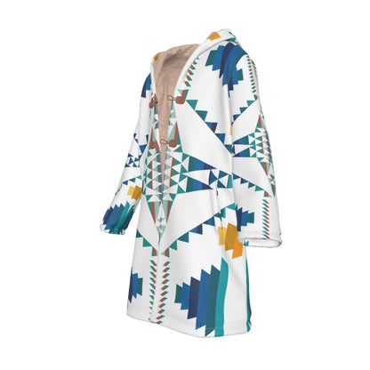 White & Blue Pattern Horn Button Long Fleece Windbreaker NBD