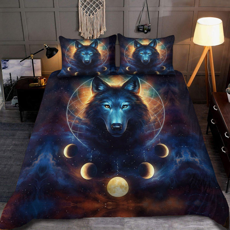 Blue Galaxy Wolf Bedding Set