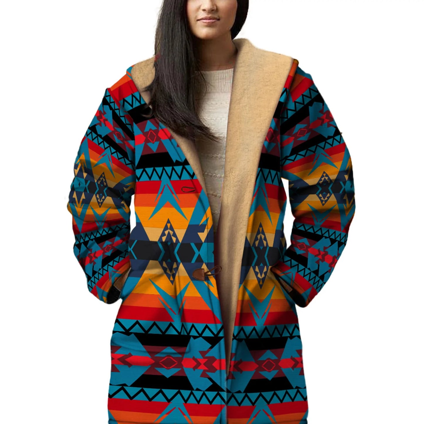 Horn Button Long Fleece Windbreaker Culture Pattern NBD