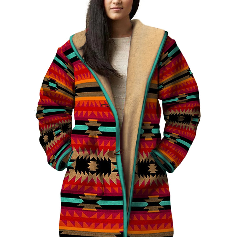 Native American Culture Pattern Horn Button Long Fleece Windbreaker NBD