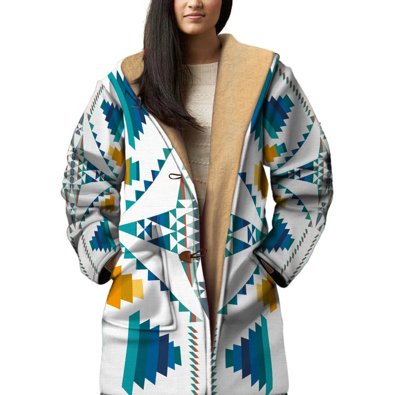 White & Blue Pattern Horn Button Long Fleece Windbreaker NBD