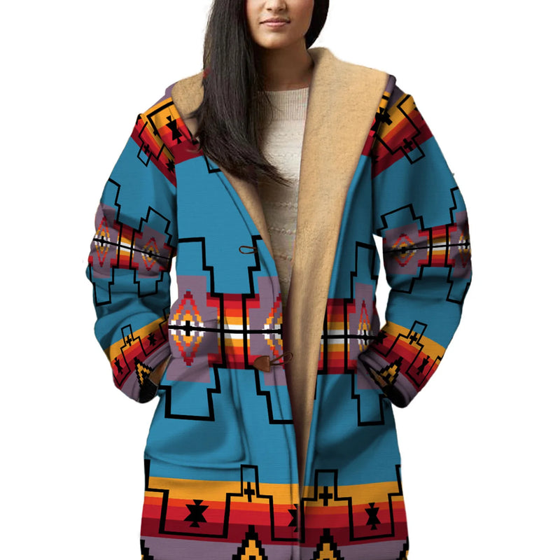 Native American Blue Pattern Horn Button Long Fleece Windbreaker NBD