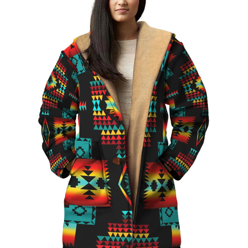 Native American Culture Pattern Horn Button Long Fleece Windbreaker