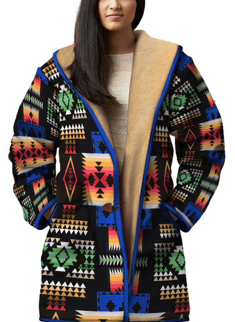 Native American Culture Pattern Horn Button Long Fleece Windbreaker