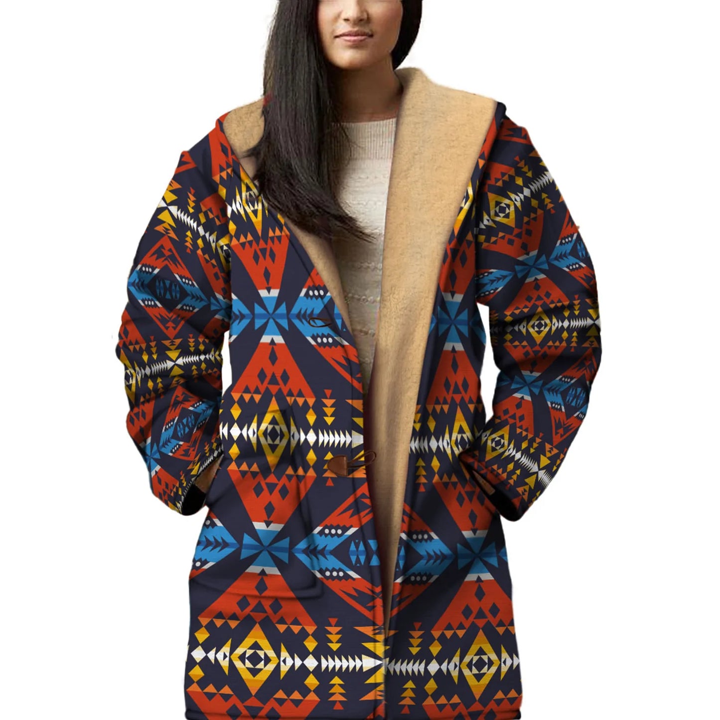 Horn Button Long Fleece Windbreaker Culture Pattern