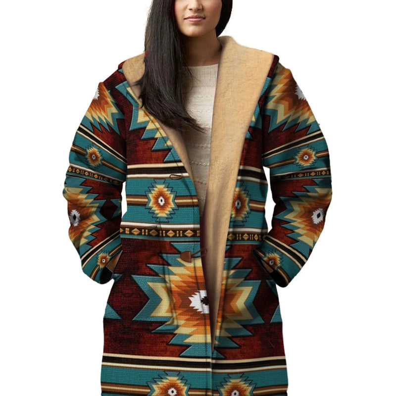 Native American Pattern Horn Button Long Fleece Windbreaker NBD