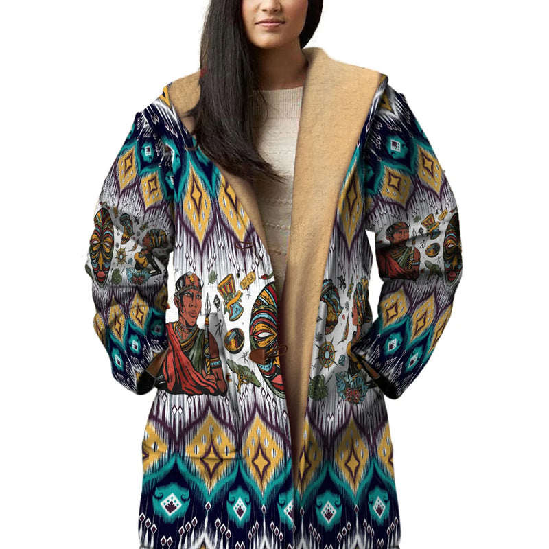 Native American Face Human Horn Button Long Fleece Windbreaker NBD
