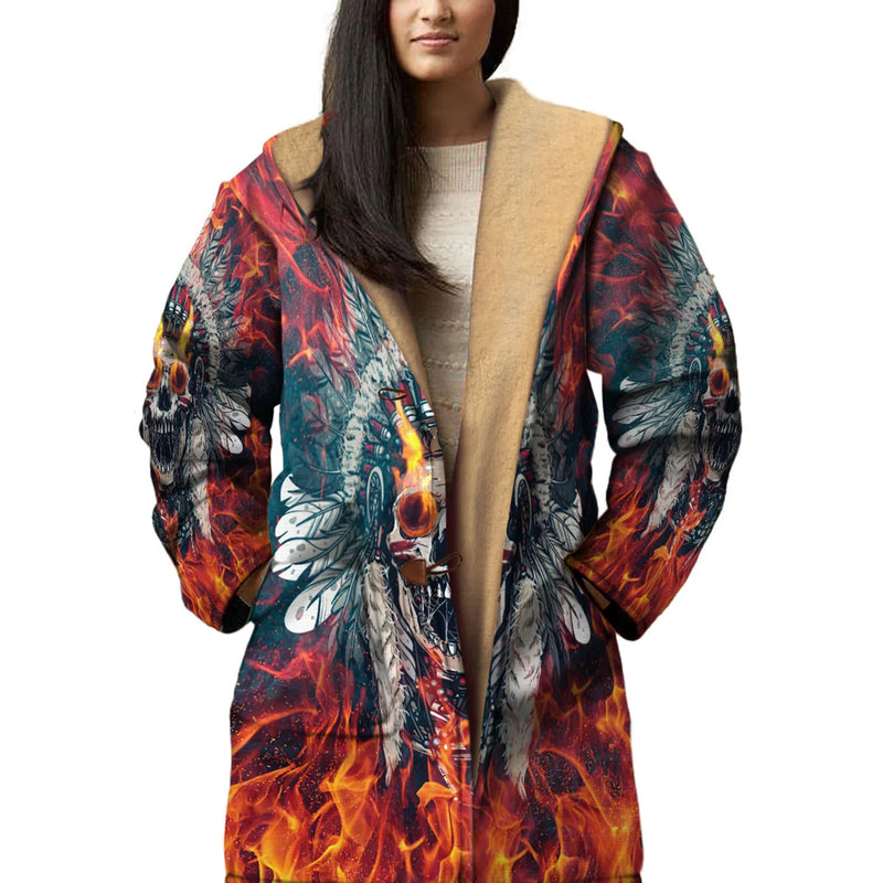 Native American Skull With Fire Eyes Horn Button Long Fleece Windbreaker NBD