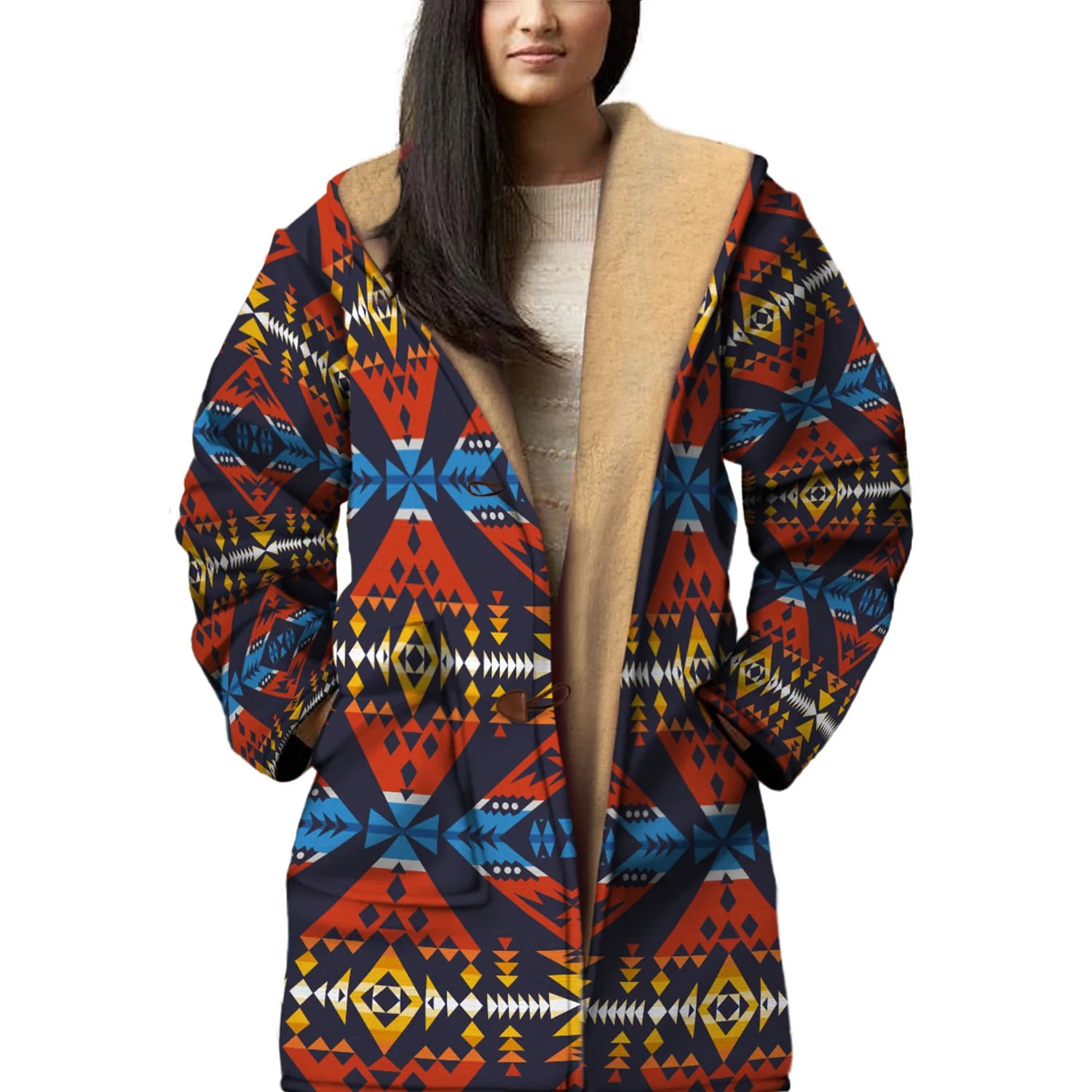 Horn Button Long Fleece Windbreaker Culture Pattern