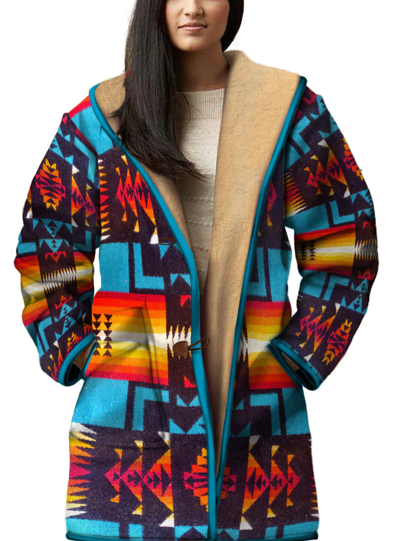 Native American Culture Pattern Horn Button Long Fleece Windbreaker