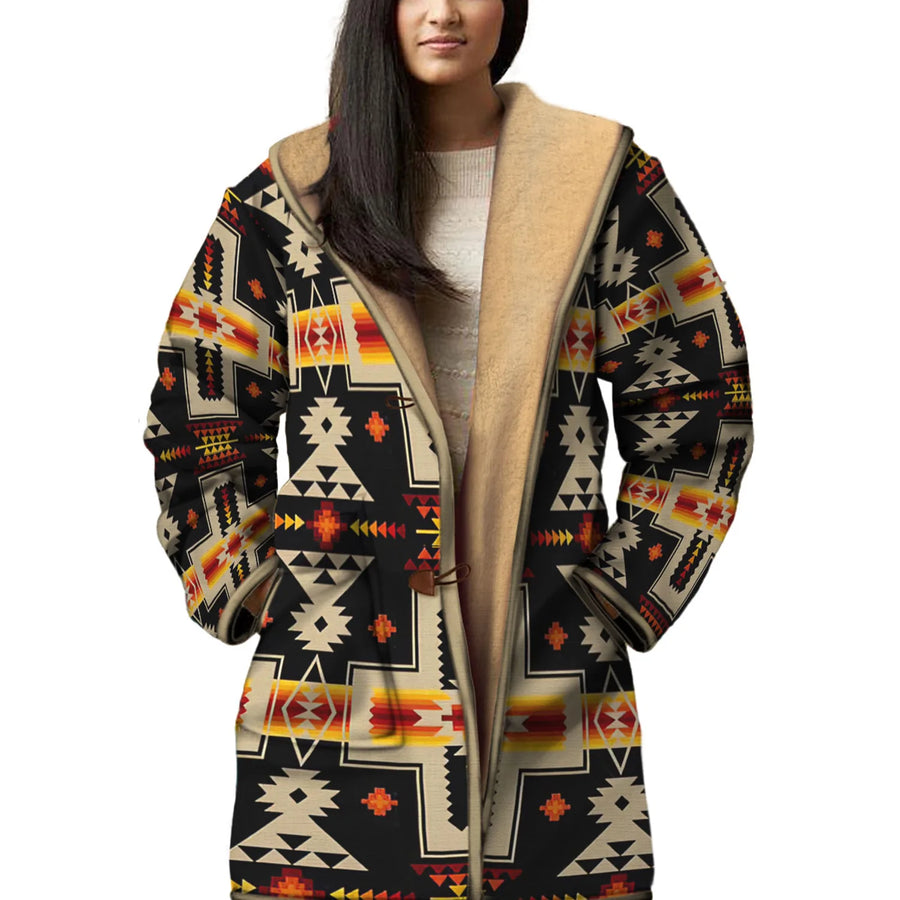 Native American Pattern Horn Button Long Fleece Windbreaker Best Selling NBD