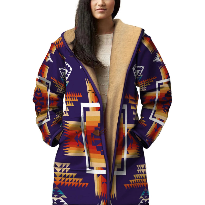 Violet & Orange Pattern Horn Button Long Fleece Windbreaker