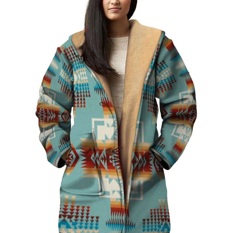 Native American Culture Pattern Horn Button Long Fleece Windbreaker