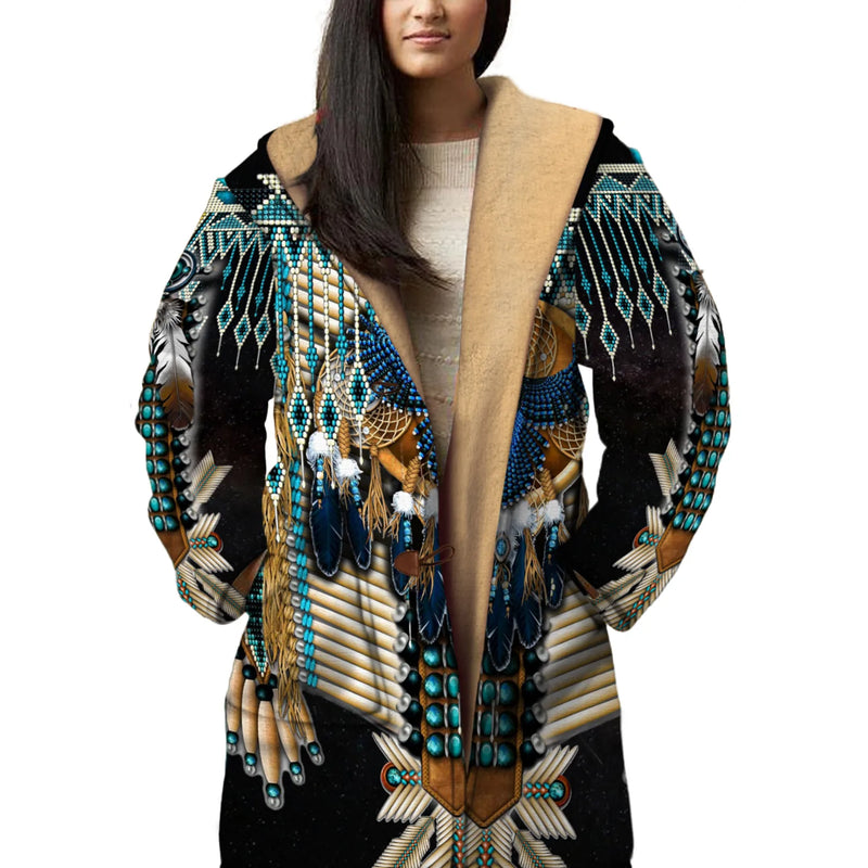 Peacock Pattern Horn Button Long Fleece Windbreaker NBD