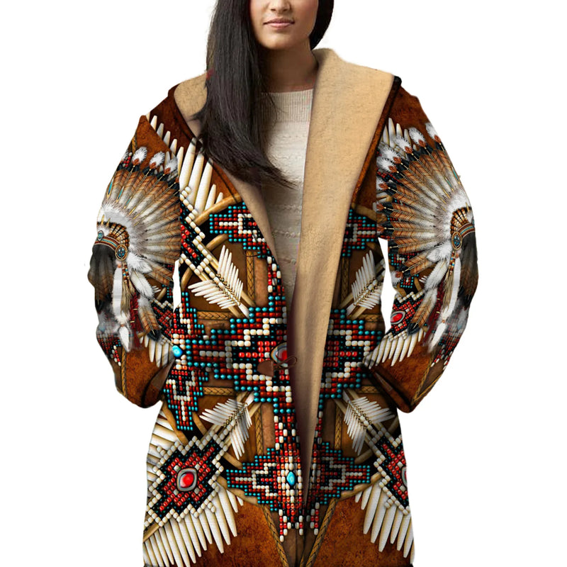 Native American Wolf Dreamcatcher Pattern Horn Button Long Fleece Windbreaker NBD