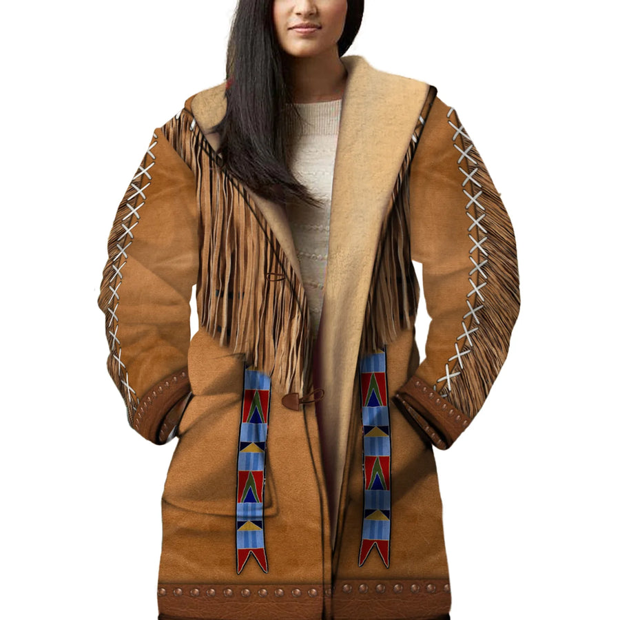 Native American Pattern Horn Button Long Fleece Windbreaker NBD