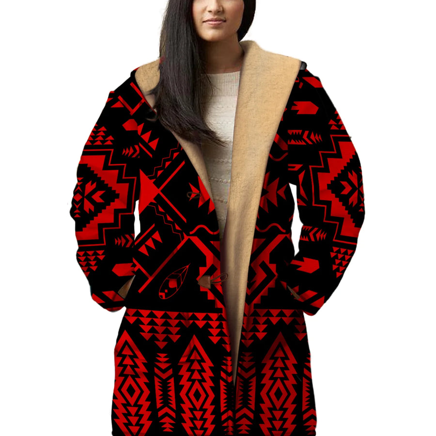 Native American Red Pattern Horn Button Long Fleece Windbreaker NBD