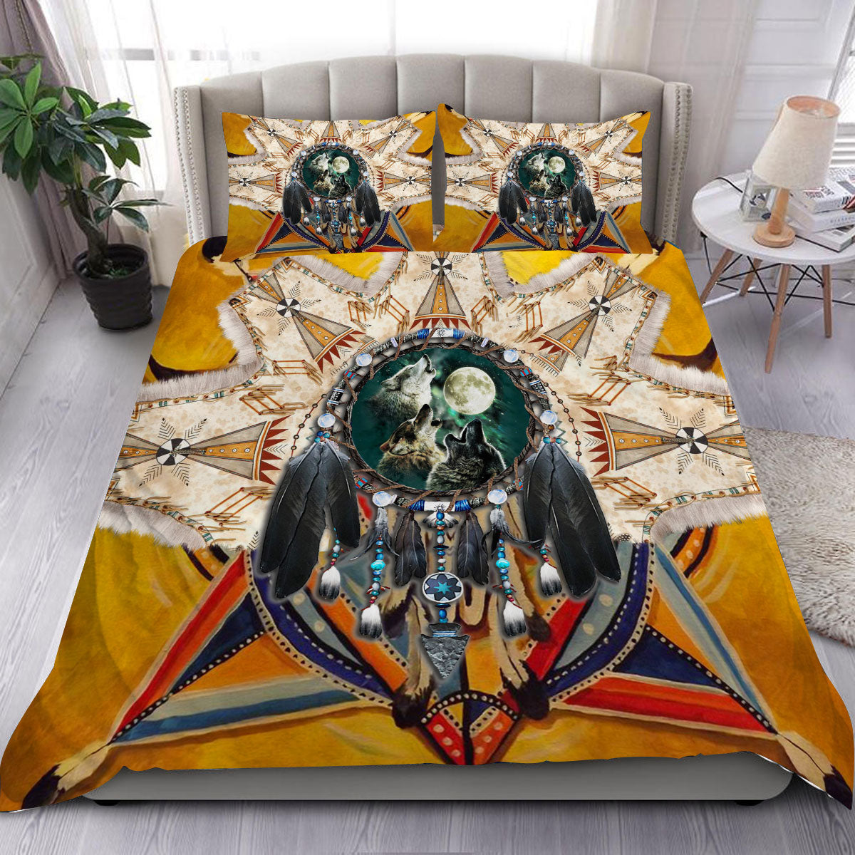 Native Three Wolves Bedding Set