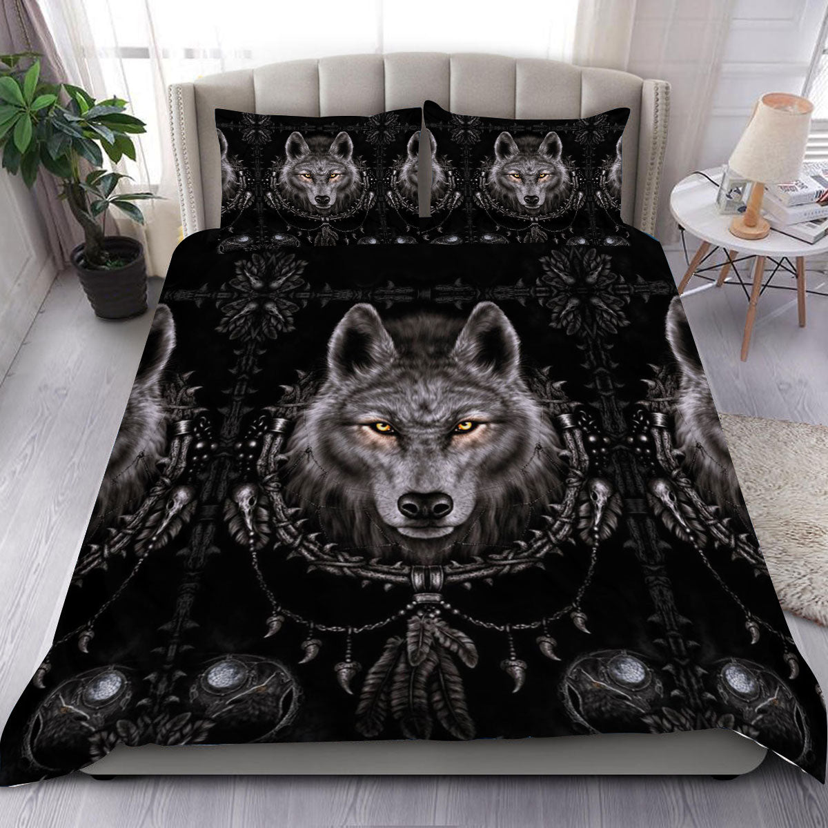 Black Native Wolf Bedding Set